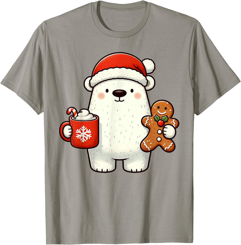 Cute Polar Bear Beanie Christmas Kawaii Japanese Polar Bear Santa Hat Christmas Holiday Xmas Coffee Cookies T-Shirt - Slate Grey