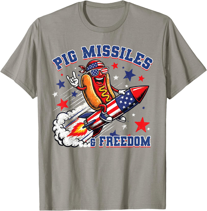 Pig Missiles and Freedom 4th of July Patriotic Hotdog T-Shirt - Slate Grey