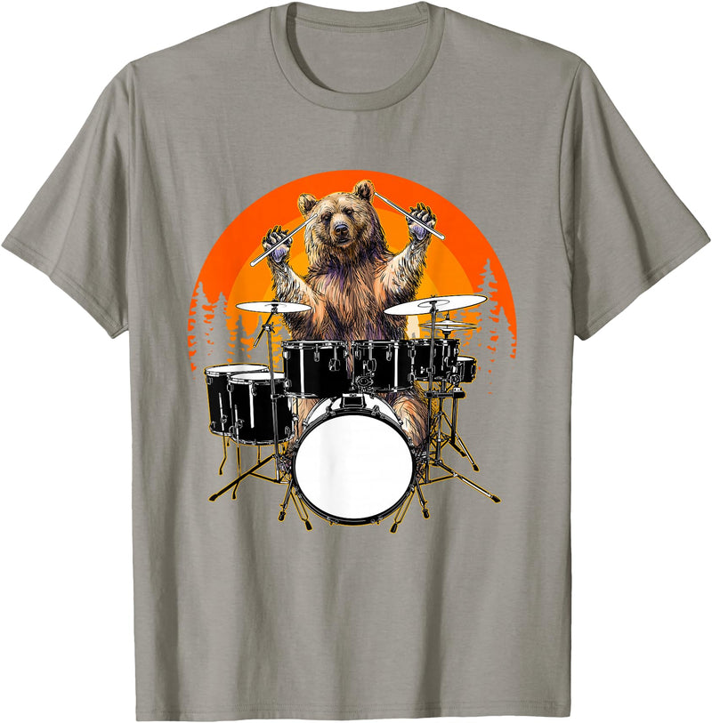 Drum Instrument Drummer Apparel Musical Animal Bear Playing Drums For Drum Lover And Musical Drummer Lover T-Shirt - Slate Grey
