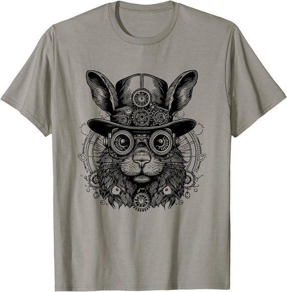 Fantasy Steampunk Rabbit Lover, Whimsical Bunny Animal T-Shirt in Slate Grey
