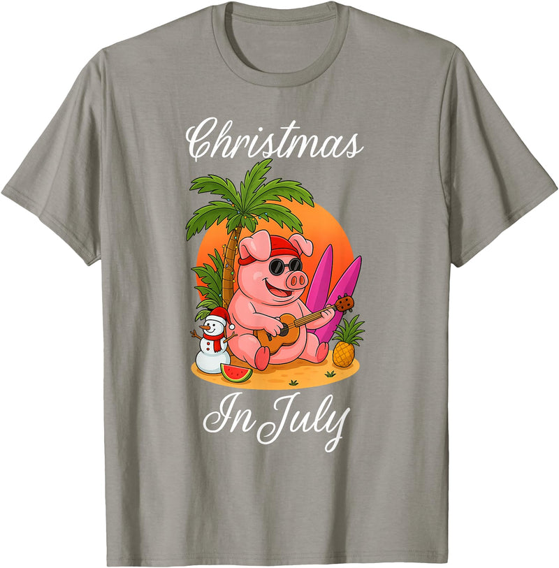 Cute Funny Pig Christmas Xmas Summer Vacation Gift Christmas In July Cute Pig Funny Summer Vacation Beach Vibes T-Shirt - Slate Grey