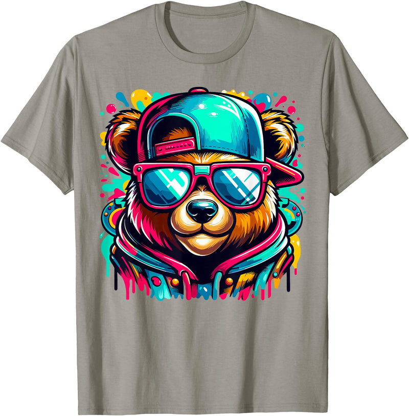 Funny Teddy Bear Lovers Colorful Hip Hop Teddy Bear Sunglasses Rap Music T-Shirt - Slate Grey