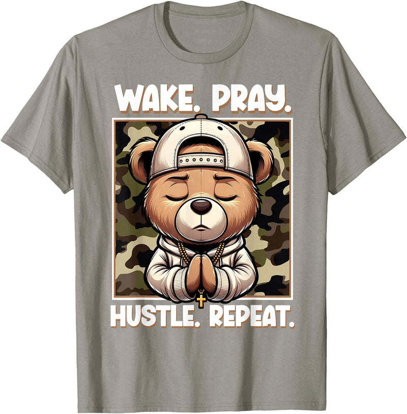 Camouflage Hip Hop Teddy Bear Hustle Grind Designs Wake Pray Hustle Repeat Hip Hop Teddy Bear Boys Teens Camo T-Shirt - Slate Grey