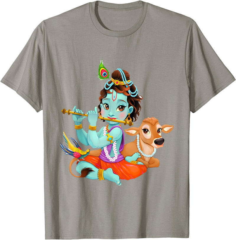 Clever Witty Designs Hindu god Lord Shri Krishna with a Cow and a Bird T-Shirt - Slate Grey