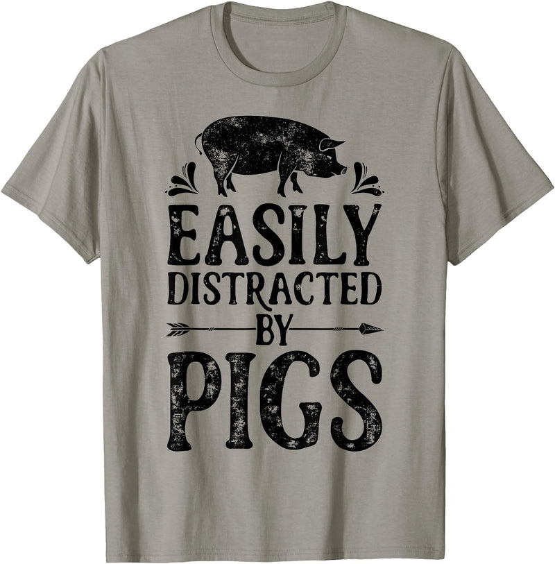 Piggy Squad Co Pig Easily Distracted By Pigs Funny Farmer Farm Animal Lover T-Shirt - Slate Grey
