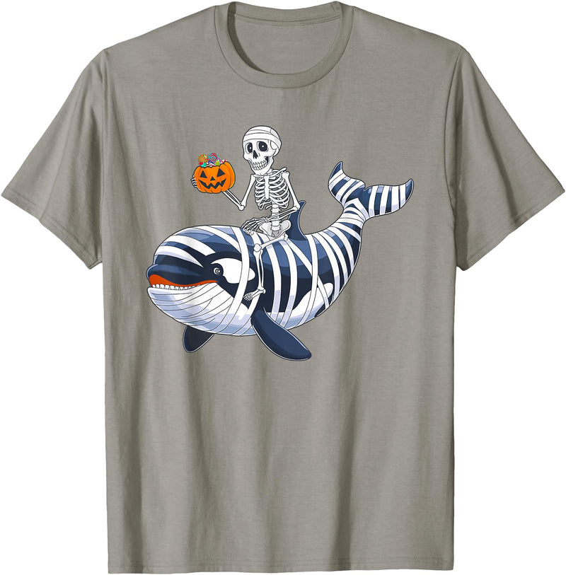 Orca Skeleton Halloween Whale Apparel Co. Skeleton Riding Mummy Orca Halloween Candy Whale T-Shirt - Slate Grey