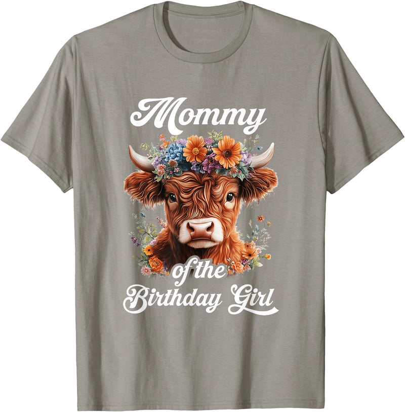 Mommy Highland Cow Birthday Girl Mommy Of The Birthday Girl Highland Cow Farm Family T-Shirt - Slate Grey