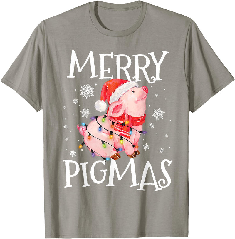 Christmas Funny Gifts Merry Pigmas Funny Pig Christmas Lights Tree Xmas Funny T-Shirt - Slate Grey