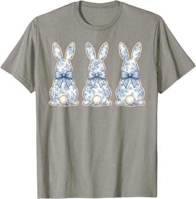Three Blue Chinoiserie Floral Bunnies with Bows T-Shirt