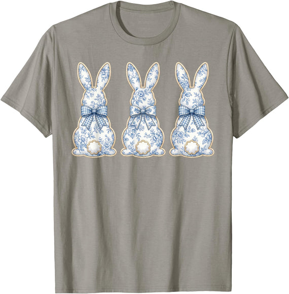 Blue Floral Easter Bunnies Chinoiserie Rabbit Bow T-Shirt in Slate Grey