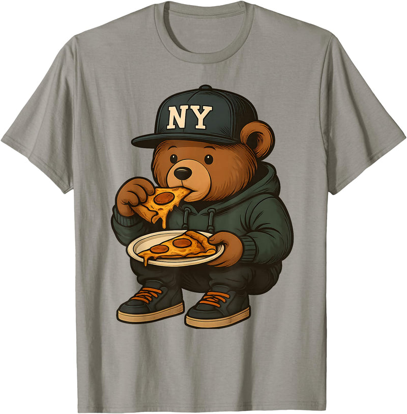 Street Food Streetwear & Hip Hop Style Designs Hip Hop Teddy Bear Eating New York Style Pizza Teenager Men T-Shirt - Slate Grey