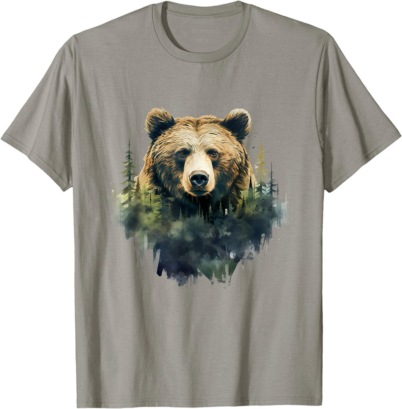 Bear Forest Animal Art Portrait Forest Artwork Wildlife T-Shirt - Slate Grey