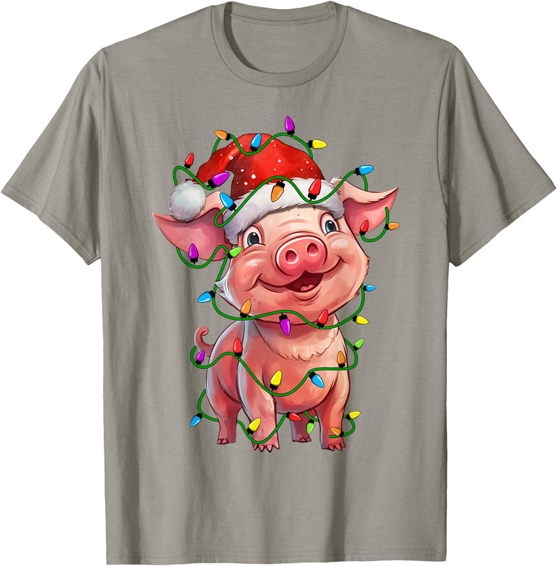 Pig Lovers Christmas Tree Lights Pig Santa Christmas Tree Lighting Xmas Funny T-Shirt - Slate Grey