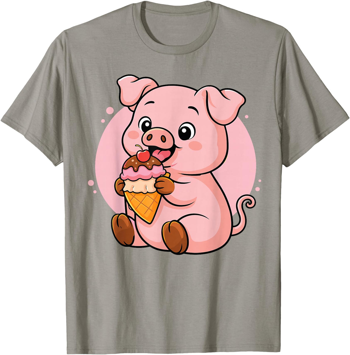 Funny Cute Pig Ice Cream Kawaii Design Pig Eating Ice Cream Graphic Boys Girls Pig Lover T-Shirt - Slate Grey