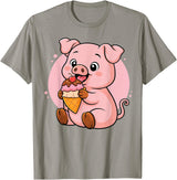 Funny Cute Pig Ice Cream Kawaii Design Pig Eating Ice Cream Graphic Boys Girls Pig Lover T-Shirt - Slate Grey