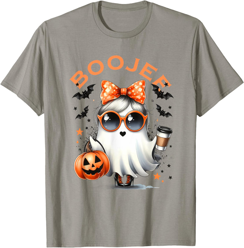 Spooky Halloween Ghost Reading Books Women Girl T Boo JEE Ghost with Coffee Coquette Bow Halloween Women Girl T-Shirt -