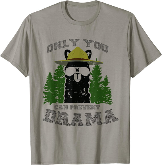 LaLa Designs Only You Can Prevent Drama Llama Forest Camping Smokey T-Shirt - Slate Grey