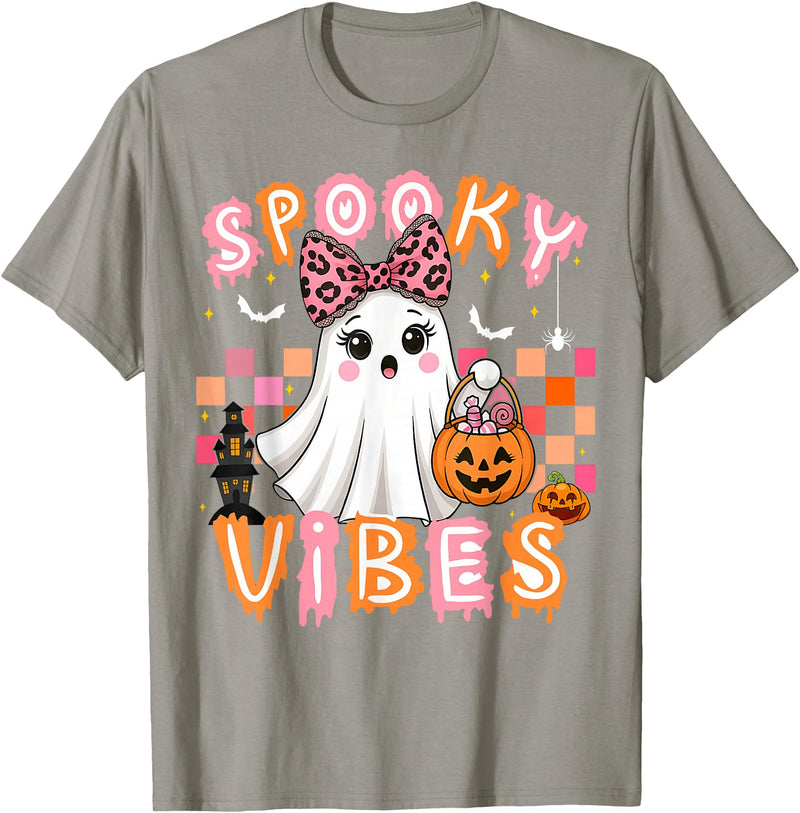 Cute Boo Leopard Halloween Costumes Spooky Vibes Cute Boo Ghost Halloween Costumes Girls T-Shirt - Slate Grey