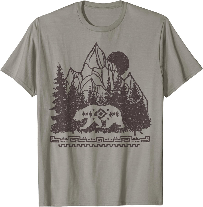 Trendy Apparel Cali Bear Forest And Mountains Background T-Shirt - Slate Grey