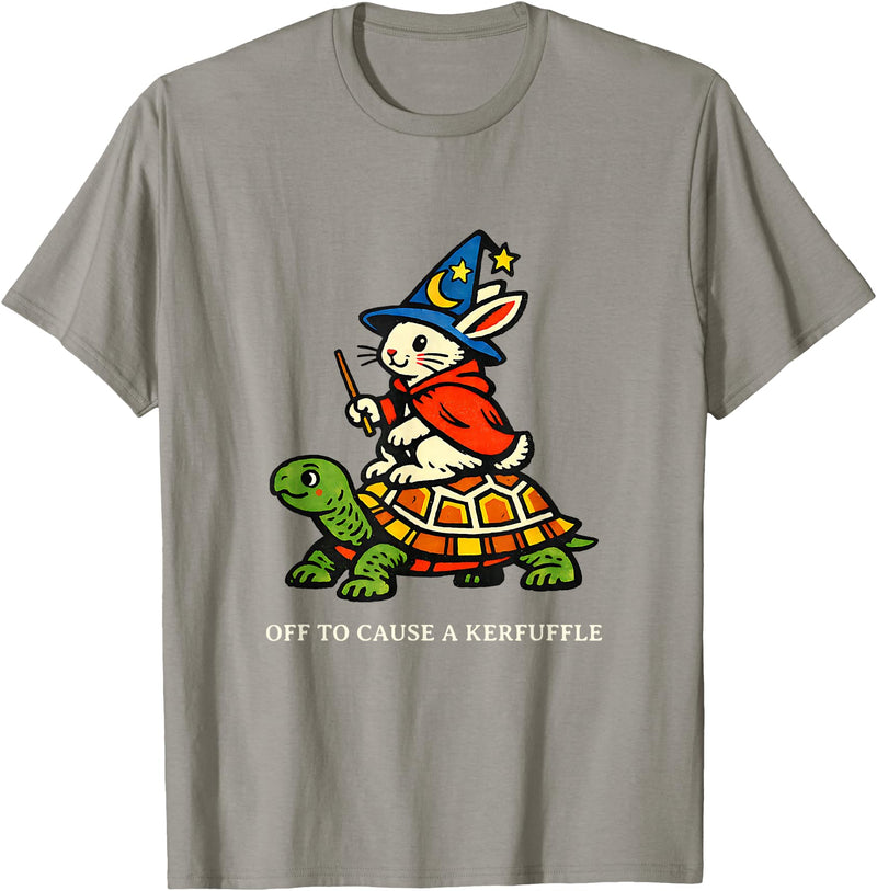 Off to Cause a Kerfuffle Bunny Rabbit Turtle T-Shirt in Slate Grey