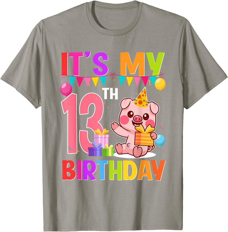 13th Birthday Pig Gift For Boys Girls 13 Years Old Birthday Pig Theme Party It's My 13th Birthday T-Shirt - Slate Grey
