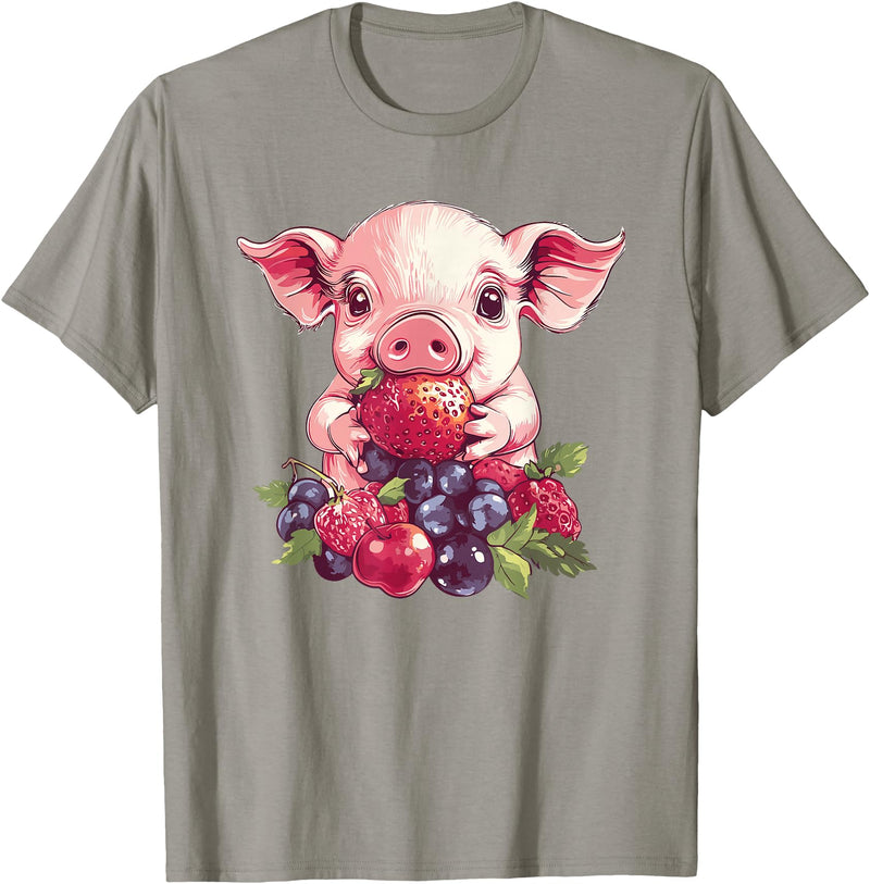 Cute Pig Eating Strawberries And Berries Fun Adorable Pig With Strawberries And Berries T-Shirt - Slate Grey