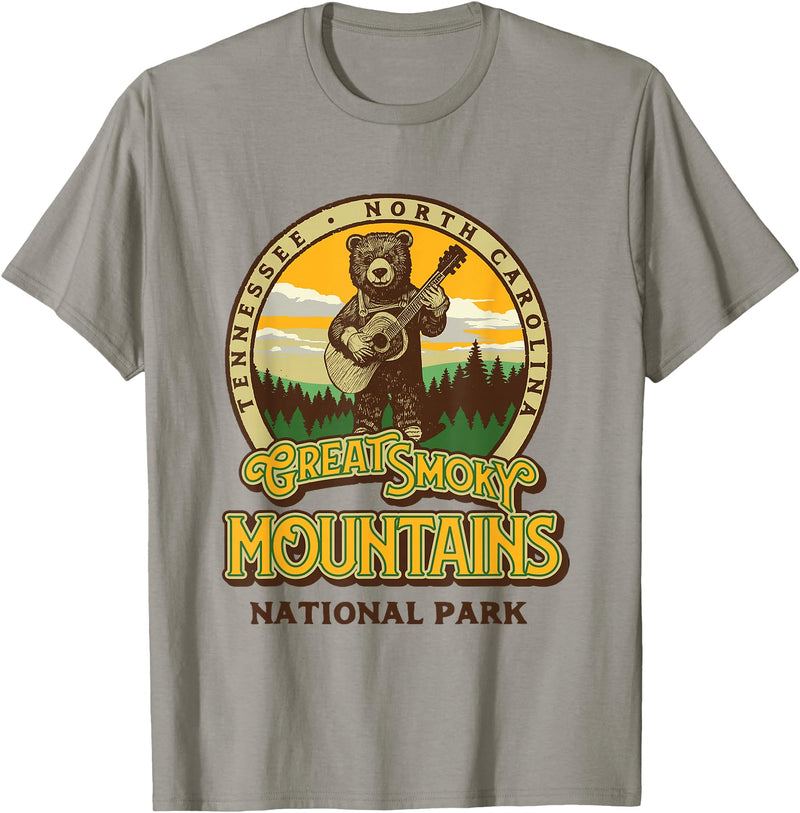 The Thrift Garage Great Smoky Mountains National Park Guitar Bear Cute Smokies T-Shirt - Slate Grey