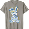 Cute Easter Toile Chinoiserie Blue Floral Bunny Coquette Bow T-Shirt in Slate Grey