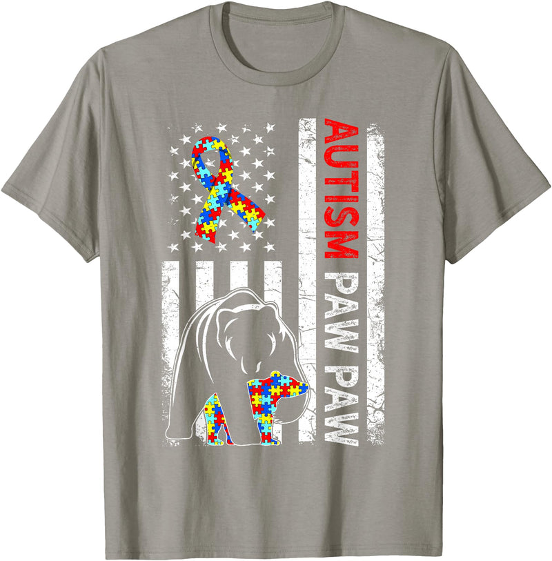 Distressed American Flag Autism Paw Paw Bear Awareness T-Shirt - Slate Grey
