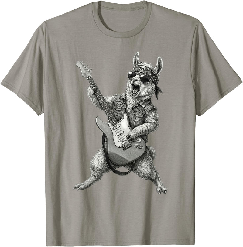Rock Guitar Llama Stuff Accessories & Gifts Llama Playing Guitar Rock & Roll Llamas Alpaca Rocker Music T-Shirt - Slate Grey