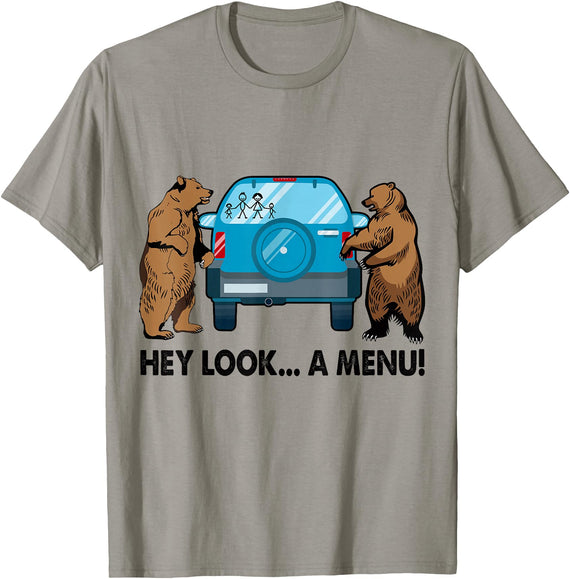 Funny Bear Attack Tips Camping Hiking Gifts Hey Look A Menu Funny Camping Camper Hiking Bear Outdoor T-Shirt - Slate Grey
