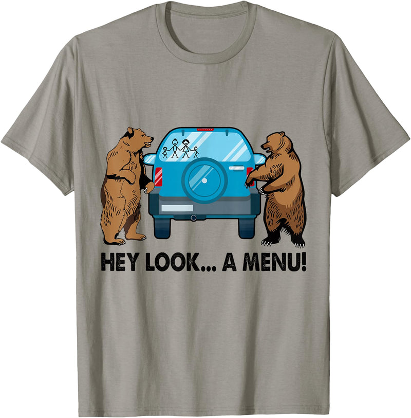 Funny Bear Attack Tips Camping Hiking Gifts Hey Look A Menu Funny Camping Camper Hiking Bear Outdoor T-Shirt - Slate Grey