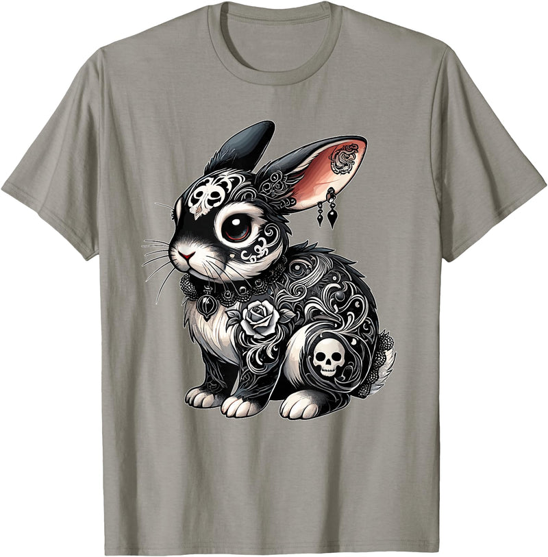 Gothic Filigree Rabbit with Skulls T-Shirt in Slate Grey