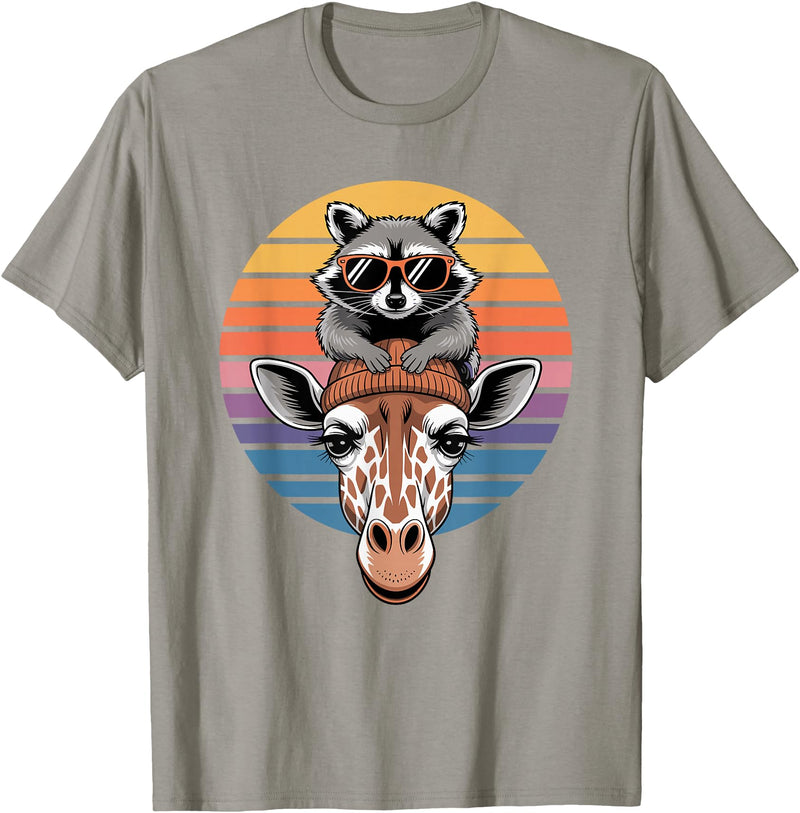 Giraffes Gift For A Giraffe Lover Retro Sunset Giraffe Raccoon Giraffes T-Shirt - Slate Grey