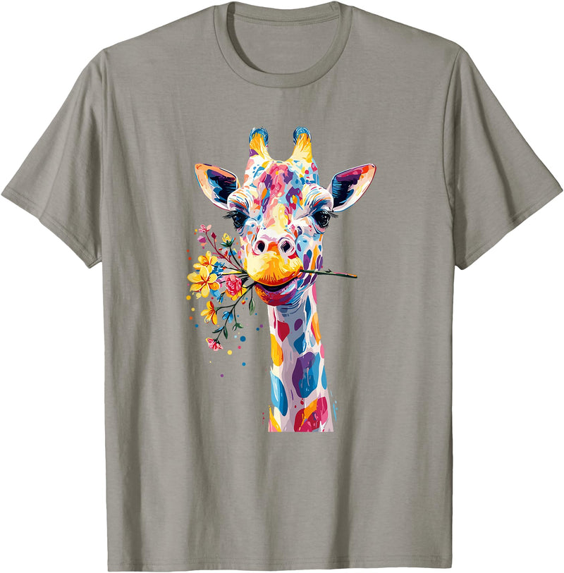 Colorful Floral Giraffe Rainbow Style Rainbow Giraffe with Flowers T-Shirt - Slate Grey