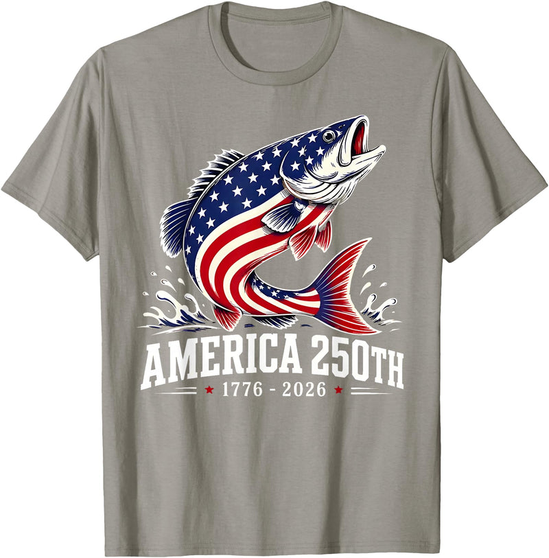 250 America Years 1776 2026 Fishing USA Flag Patriotic Leaping Salmon American Flag Fishing 4th of July T-Shirt - Slate Grey