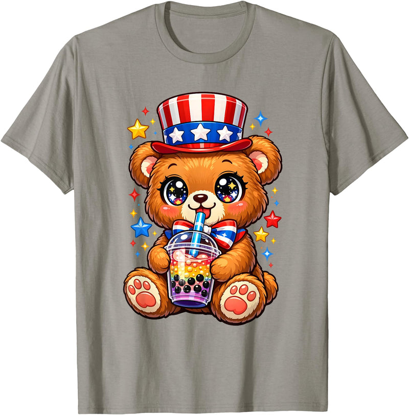 Kawaii Red White and Blue Fourth July Little Kids Cute Teddy Bear Patriotic 4th July Gift Bubble Boba Tea USA T-Shirt - Slate Grey
