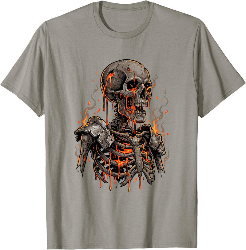 Molten Skull Fire Horror Skeleton Art Designs Spooky Halloween Skull Skeleton Fire Dark Fantasy T-Shirt - Slate Grey