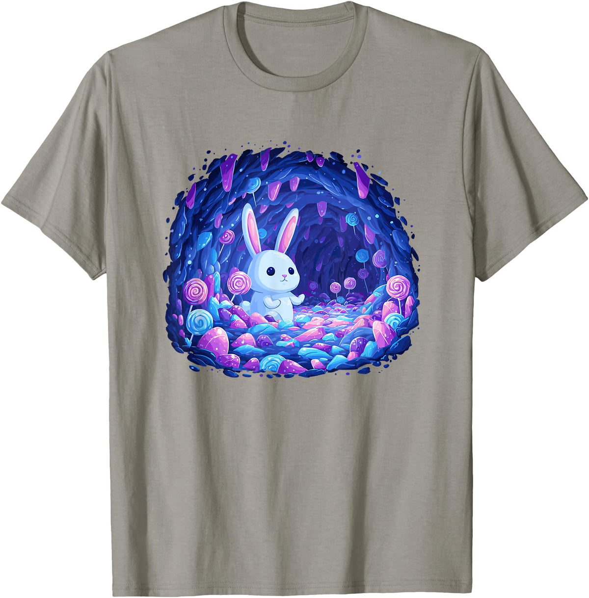 Enchanting Bunny in Candy Cave Fantasy World T-Shirt in Slate Grey