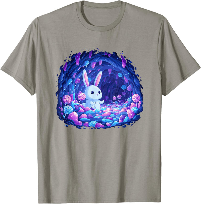Enchanting Bunny in Candy Cave Fantasy World T-Shirt in Slate Grey