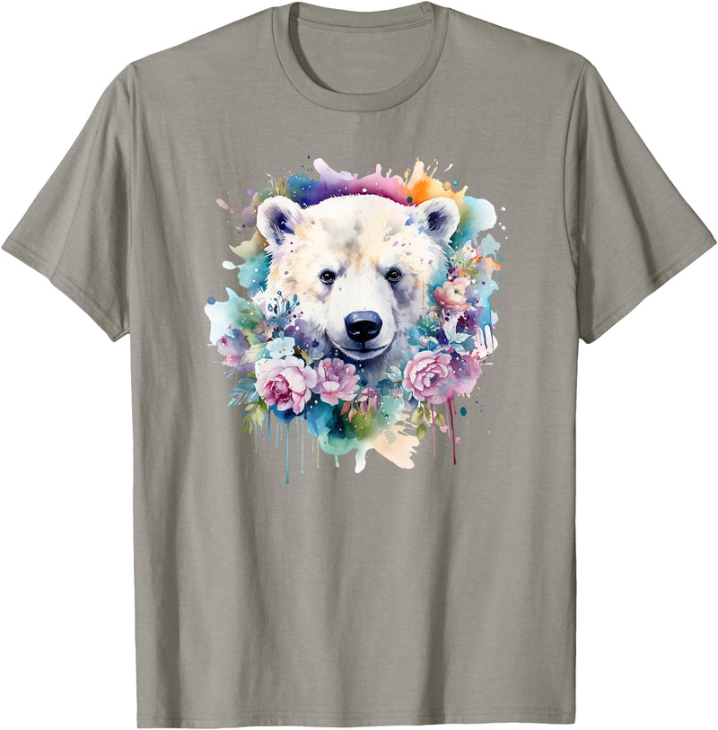 Colorful Polar Bear Kids Arctic Wildlife Painting Polar Bear Floral Watercolor Animal Cute Polar Bear Face T-Shirt - Slate Grey