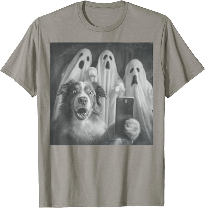 Spooky Aussie Moments Australian Shepherd Selfie Funny Ghost Halloween T-Shirt - Slate Grey