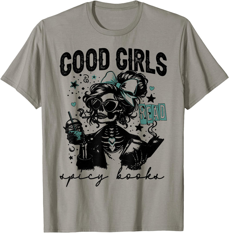 Good Girls Read Spicy Skeleton Book Club T-Shirt - Slate Grey