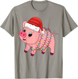 Pig Christmas Gifts Men Women Kids Co. Christmas Lights Pig Wearing Xmas Hat - Pig Lover Farmer T-Shirt - Slate Grey