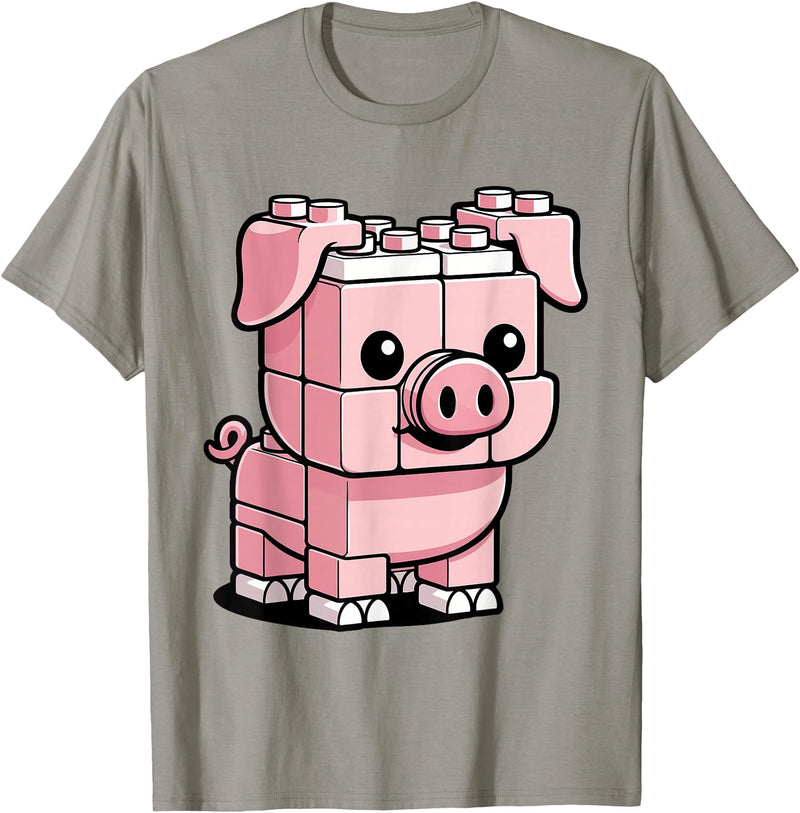 BlockPals DM Funny Pink Brick Pig Building Blocks Farm Animal Character T-Shirt - Slate Grey