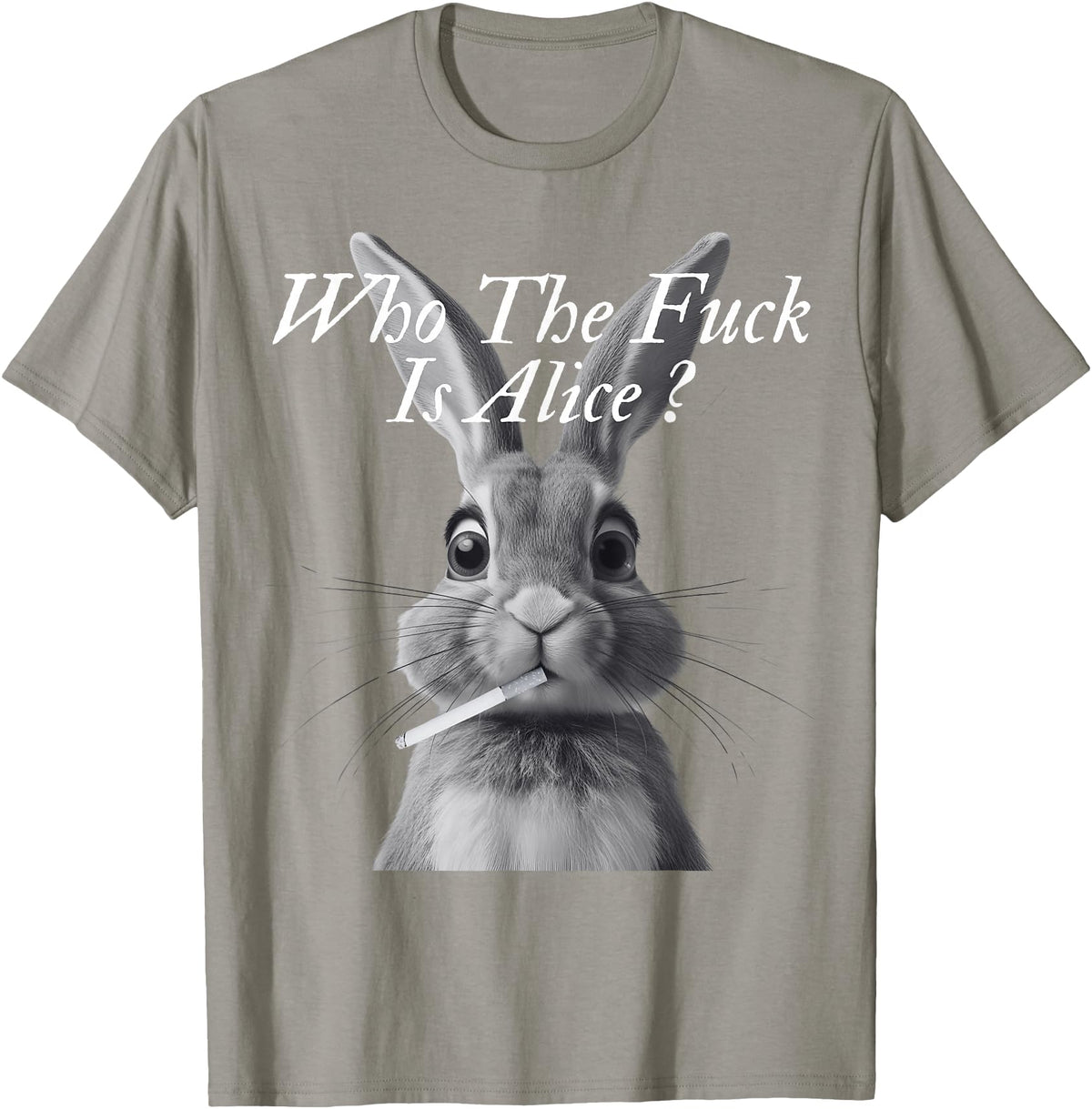 Retro Who the F_ck Is Alice Funny Rabbit T-Shirt in Slate Grey