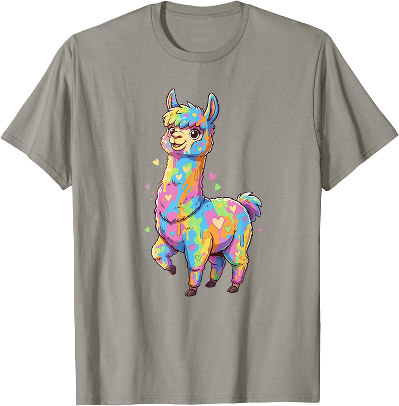 Rainbow Llama Love Pastel Hearts Kawaii Colorful Rainbow Heart Llama Kawaii Cute T-Shirt - Slate Grey