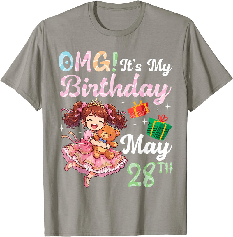 H1Shop Happy Birthday Born On May 28 OMG It's My Birthday Born On May 28th Girl with Present Bear T-Shirt - Slate Grey