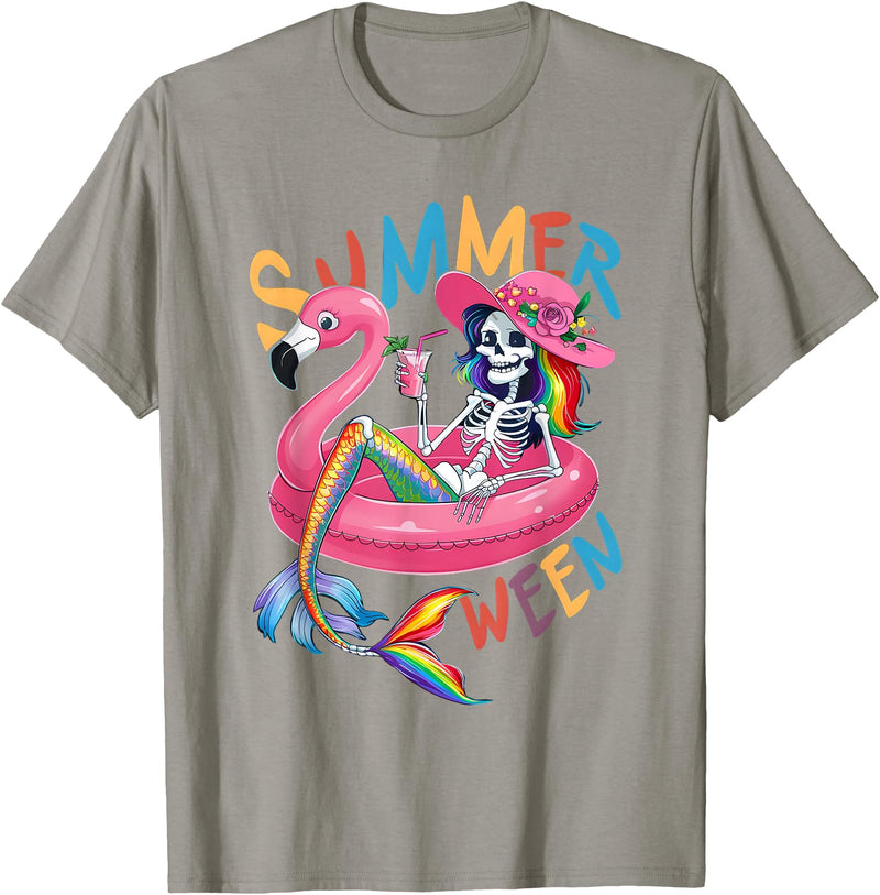 Summer Halloween Summerween Summerween Mermaid Skeleton Flamingo Summer Halloween Women T-Shirt - Slate Grey