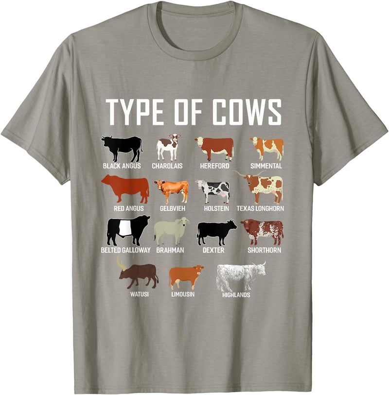 COW Designs By ShirtZilla Types of Cows Shirt Farmer Tee Shirt Costume Cow T-Shirt - Slate Grey